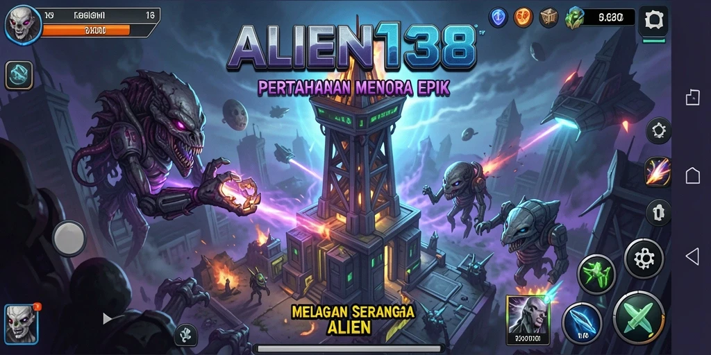 Screenshot gameplay ALIEN138 menampilkan aksi menara bertahan melawan alien.