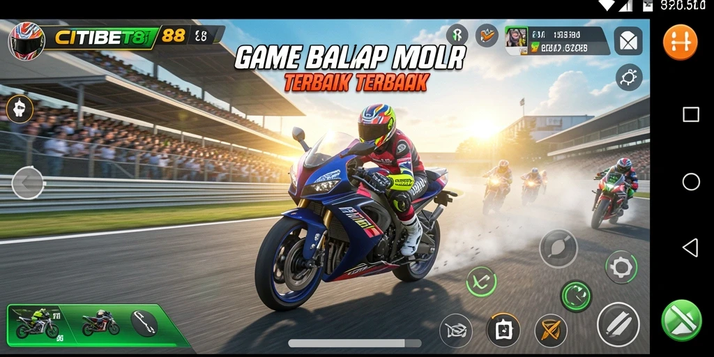 Screenshot dari gameplay balap motor yang mendebarkan.