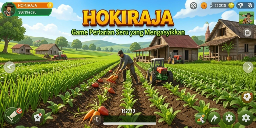 Tangkapan layar HOKIRAJA menampilkan pemain sedang mengelola kebun dengan berbagai tanaman.