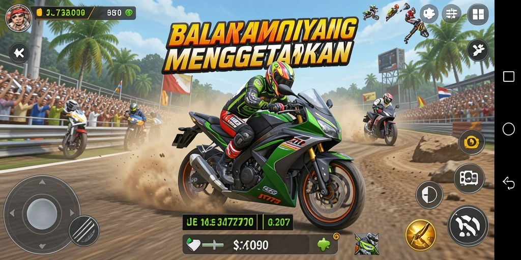Gameplay balapan motor yang mendebarkan dan interaktif.