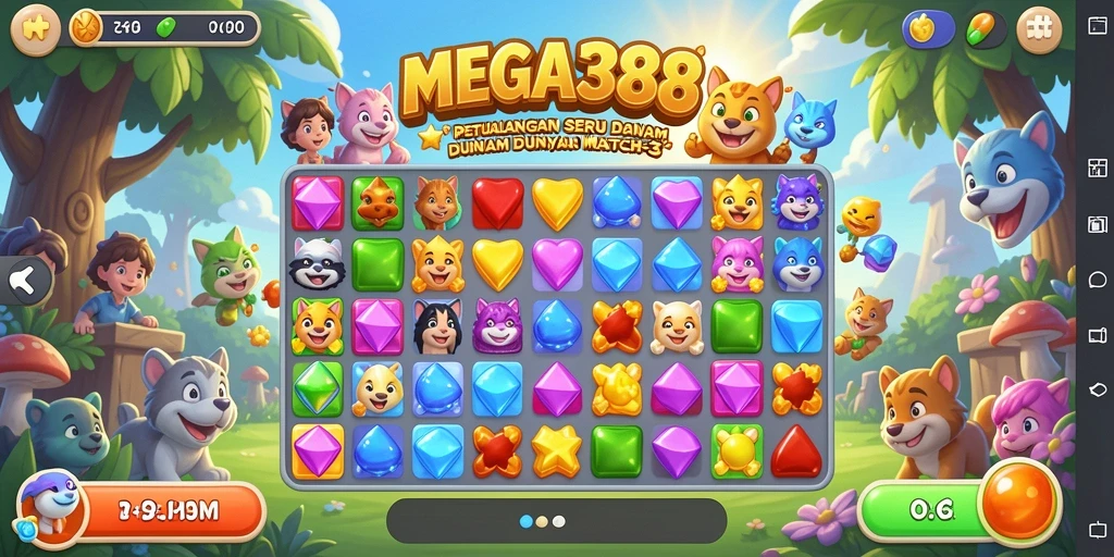 Screenshot MEGA388 menampilkan gameplay Match-3 yang seru dan penuh warna.
