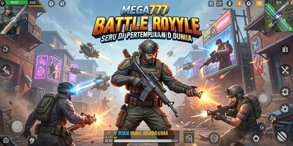 Screenshot gameplay menampilkan aksi seru di medan perang Battle Royale.