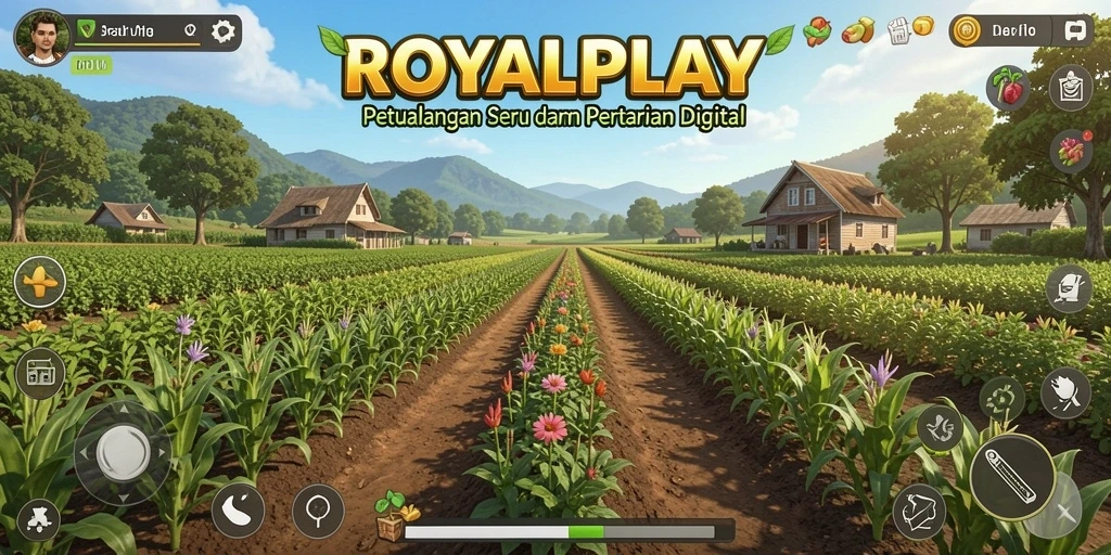 Screenshot utama ROYALPLAY menampilkan aktivitas bertani yang seru.